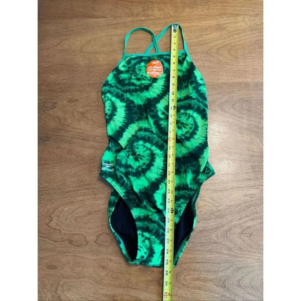 Speedo Youth Endurance+ Tie Dye Open Back One Piece Swimsuit Green Sz 40 NWOT